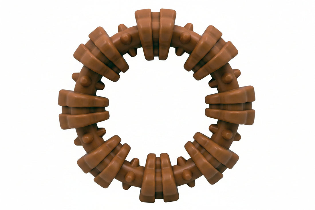 Ring-shaped dog play toy with textured surface design