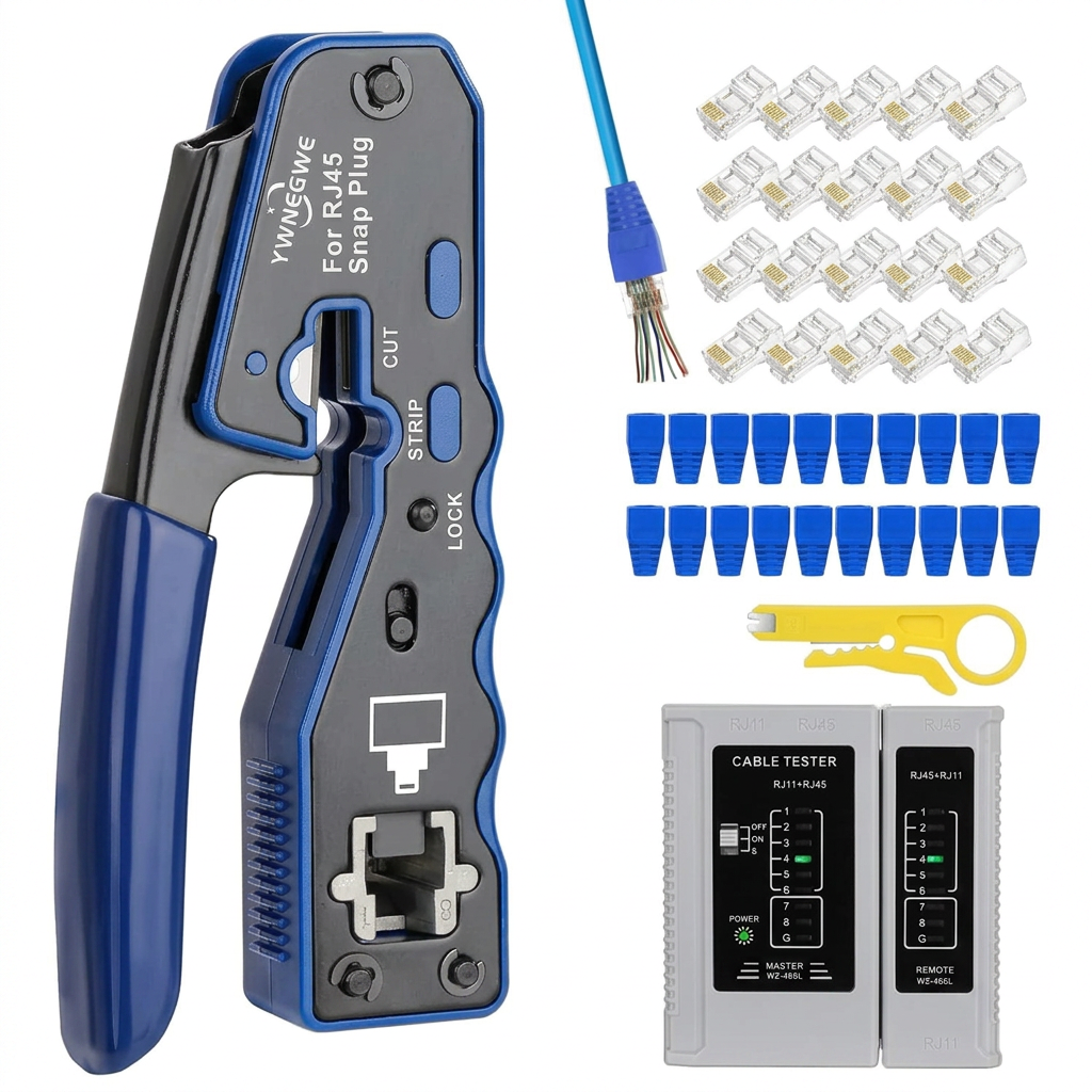 RJ45 Crimp Tool Kit for Pass-Thru Ethernet Crimping with Cable Tester, Ideal for Cat5e, Cat6, Cat6a Cables.