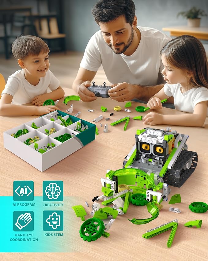 Robot building blocks for children ages 6–12 arranged for a construction activity.
