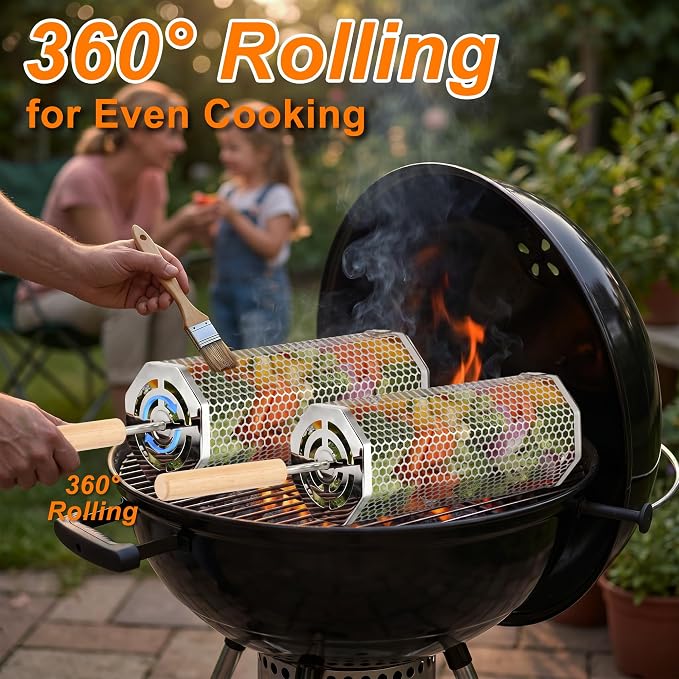 Octagonal rolling BBQ basket for outdoor cooking