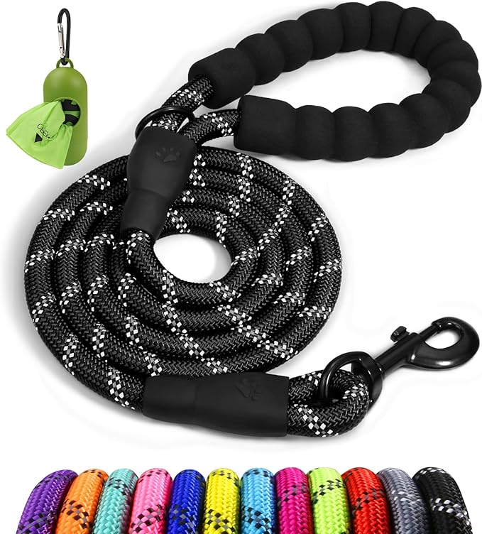 6 FT Rope Dog Leash with Padded Handle and Anti-Tangle Clip for Medium & Large Dogs