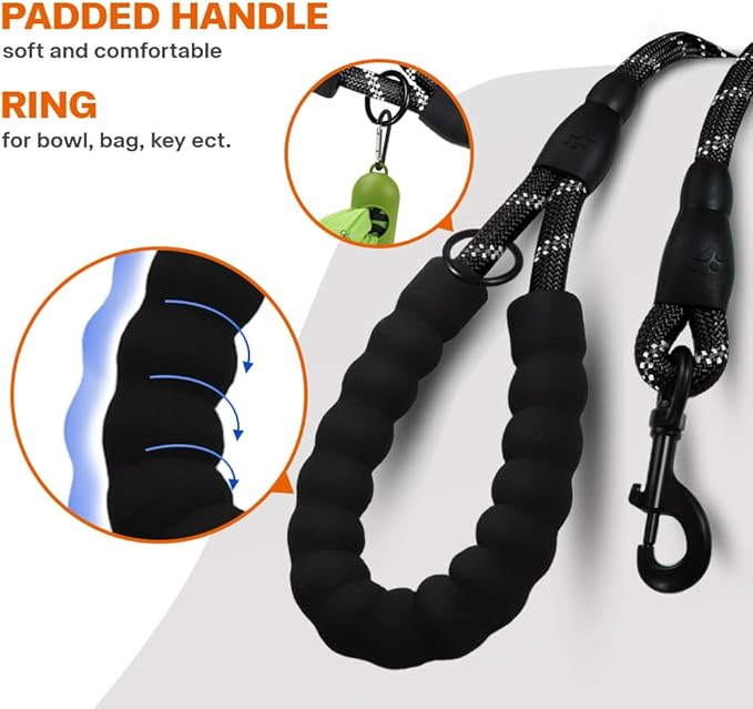 Front view of a black rope dog leash