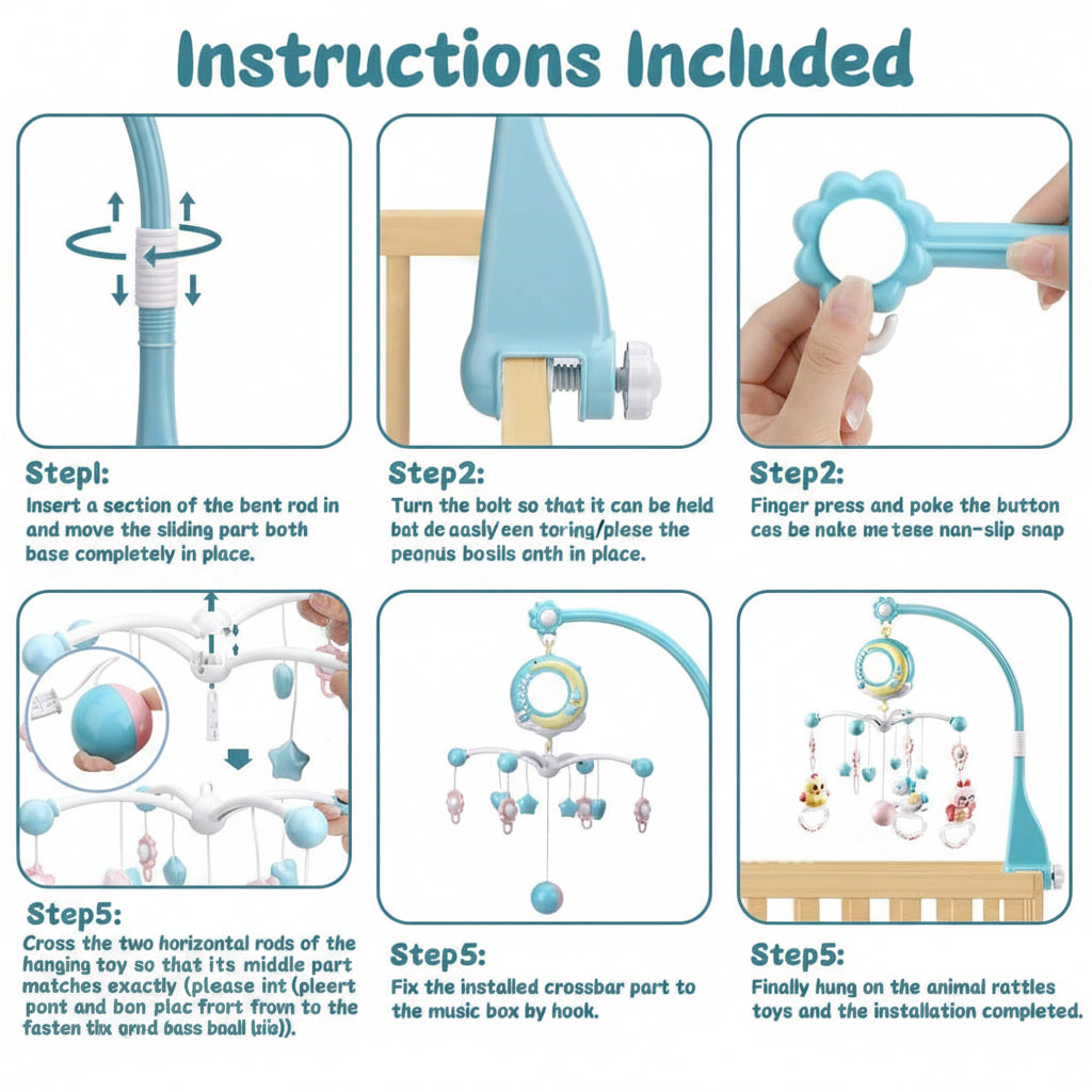Rotating baby mobile with four detachable hanging toys