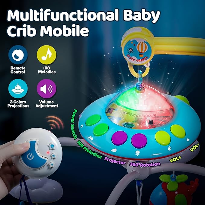 Rotating musical cot mobile with hanging rattles