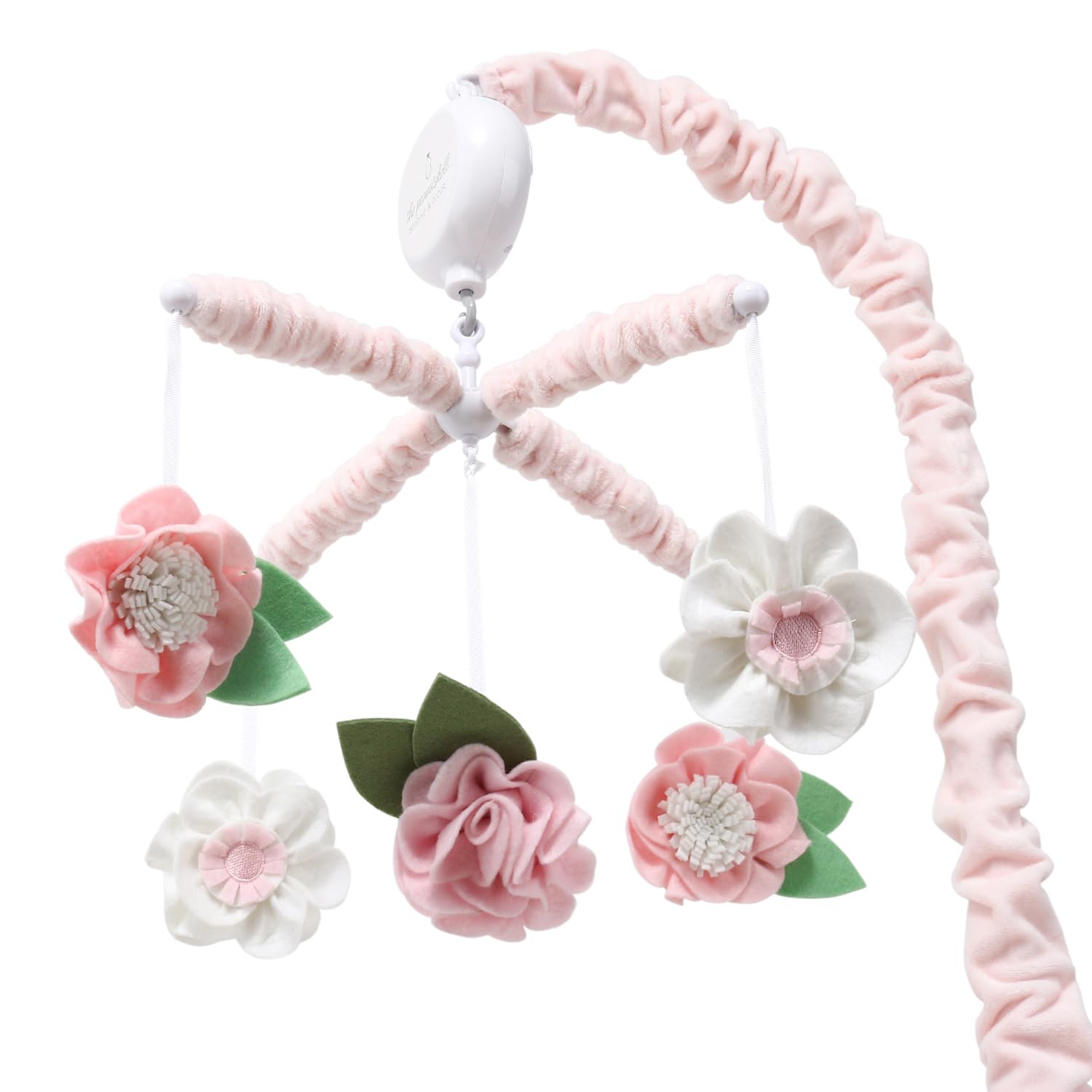 Rotating pink nursery mobile above a baby crib