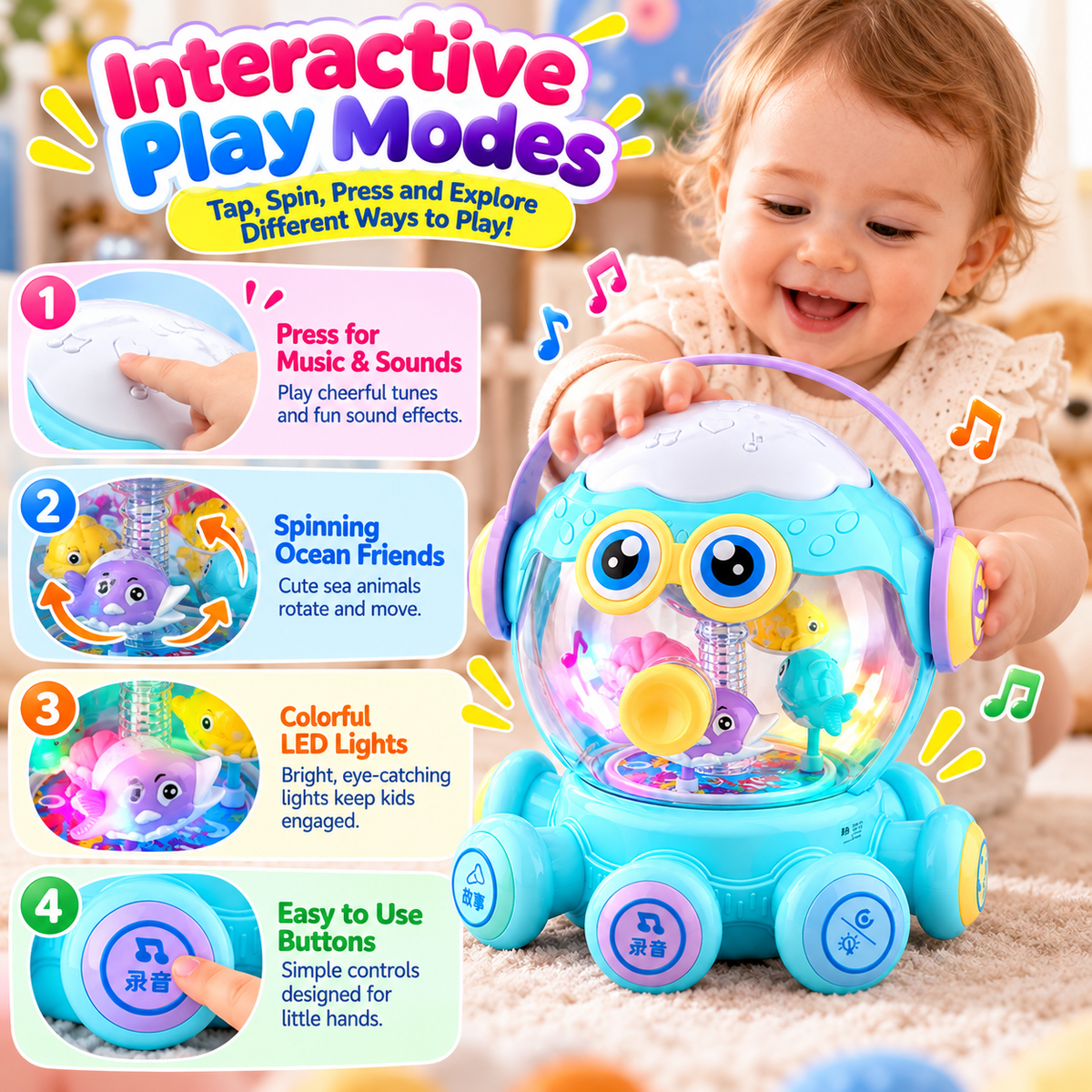 Rotating sea-creature musical toy with an octopus-themed exterior design.