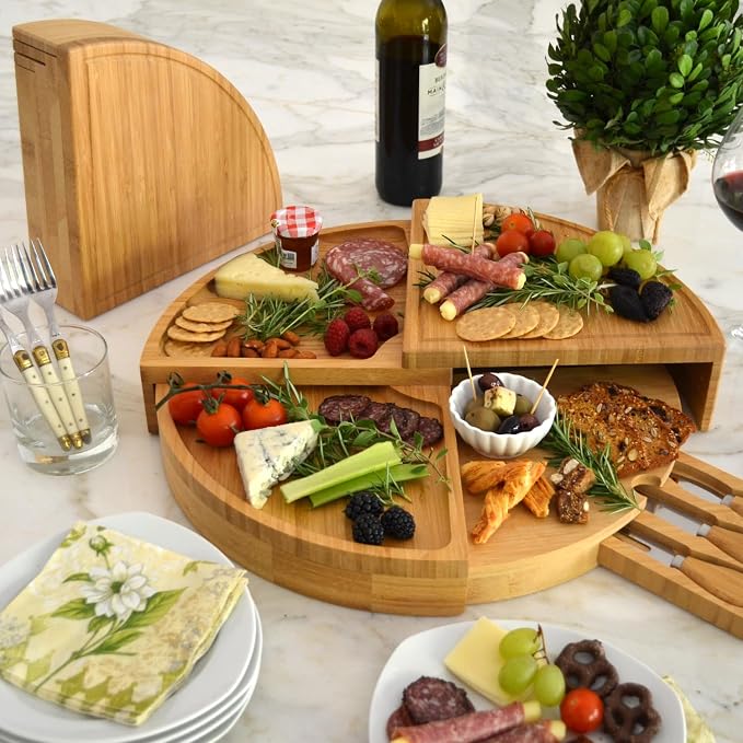 Round bamboo serving platter for cheese fruit and crackers
