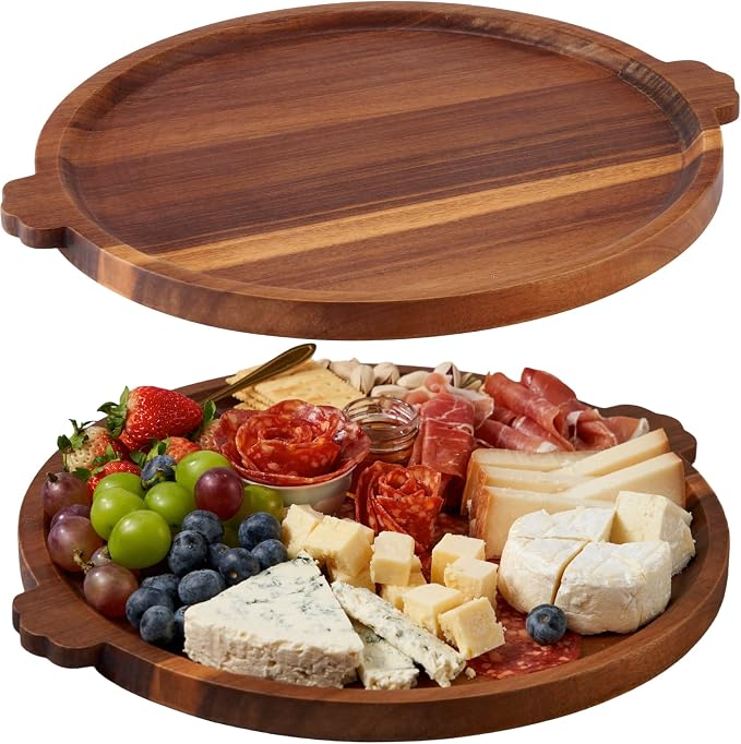 Round wooden serving tray with built-in side handles