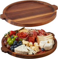Round wooden serving tray with built-in side handles
