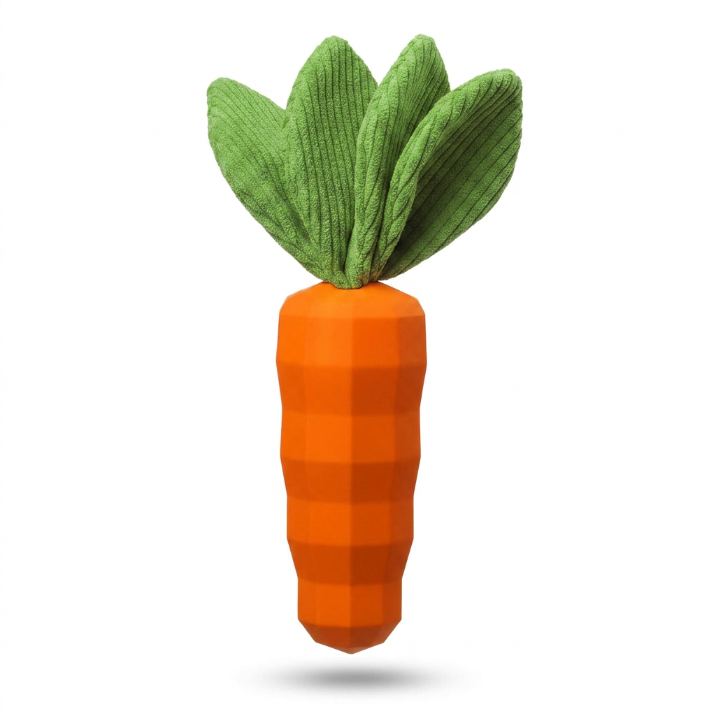 Rubber-style carrot dog play toy with textured surface