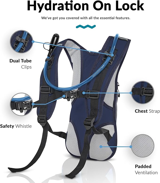 Running hydration pack with breathable mesh back panel and adjustable straps