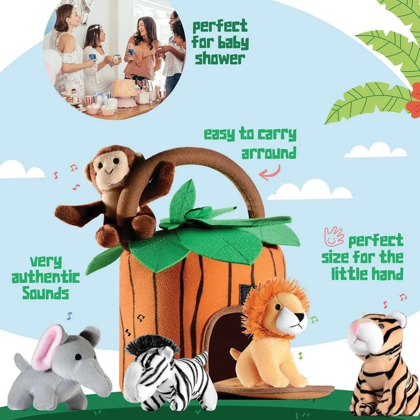 Six plush Safari Buddies animal hand puppets arranged together