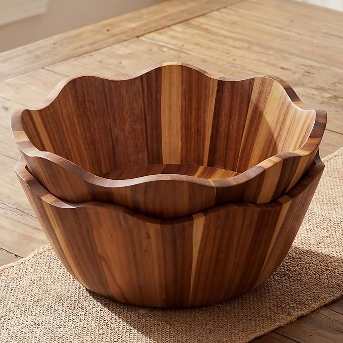 Two piece scalloped acacia wood serving bowl set