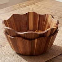 Two piece scalloped acacia wood serving bowl set