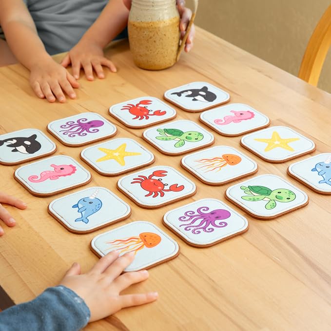 Colorful sea animal matching game tiles with cartoon ocean creatures for kids learning play