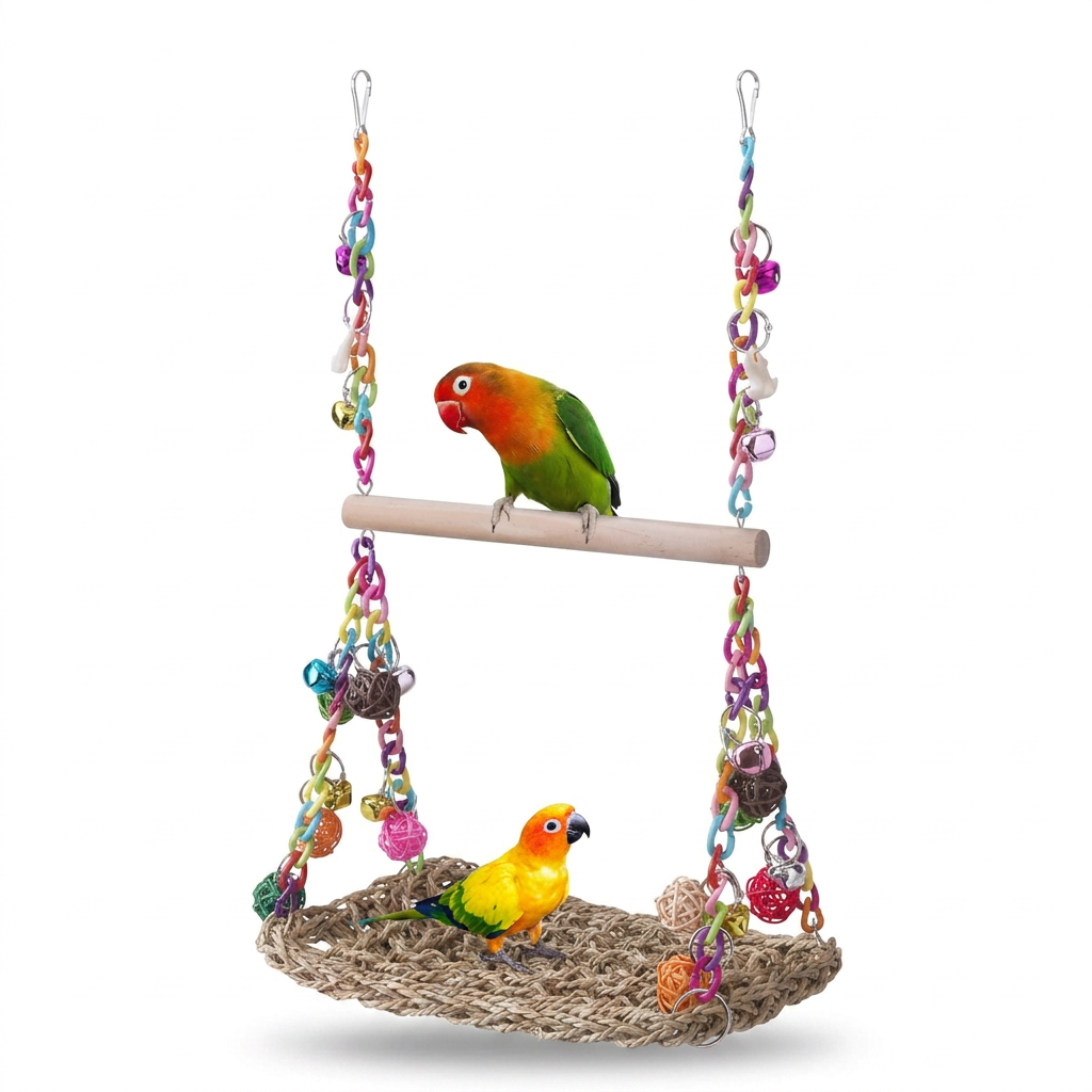 seagrass bird swing hammock with wooden perch for parrots