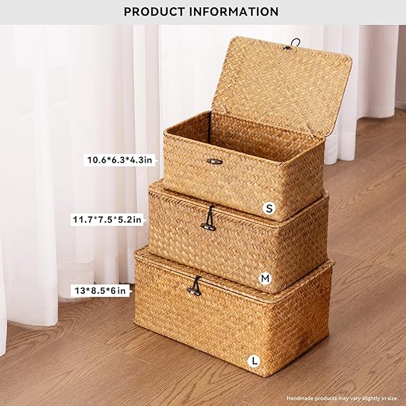Seagrass storage basket with lid for shelf and closet storage