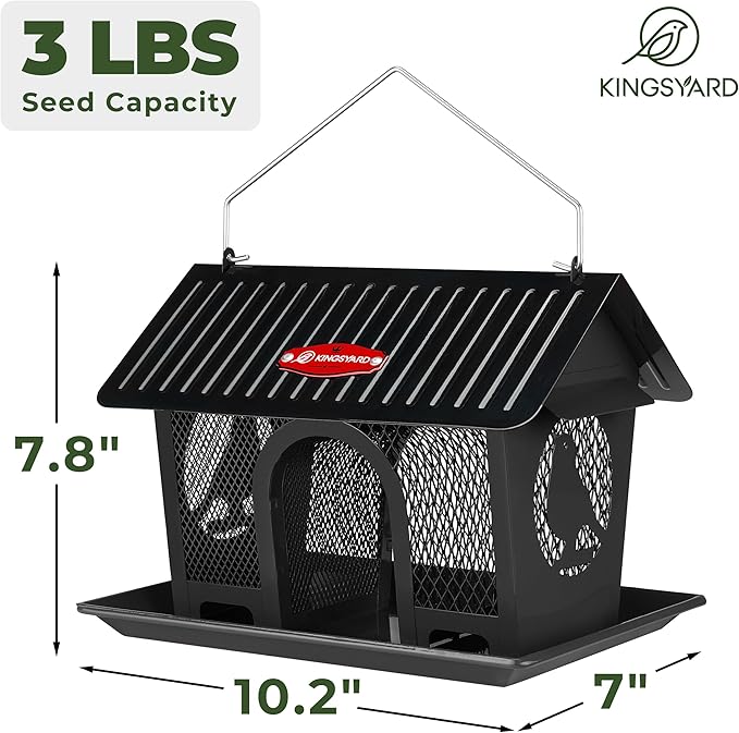 Outdoor metal bird feeder with seed tray for small birds