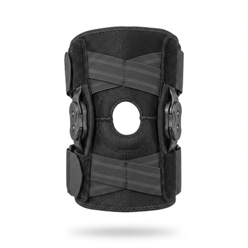 Self-adjusting hinged knee brace front view showing ergonomic compression and joint stabilization for men and women