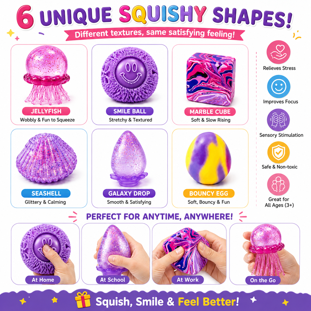 Sensory squishy toy with squeezable texture