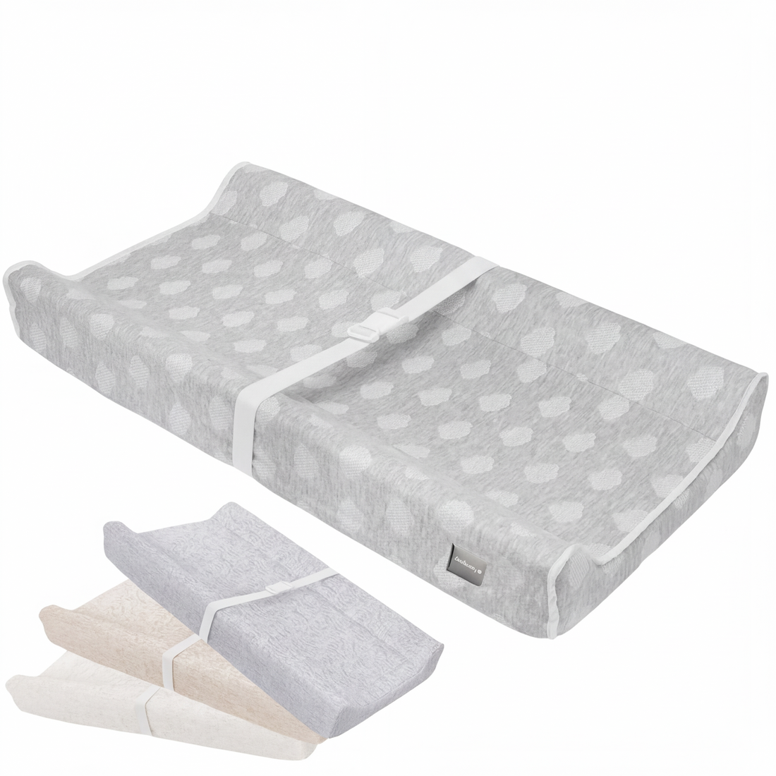 Gray contoured baby changing pad with white cloud pattern cover