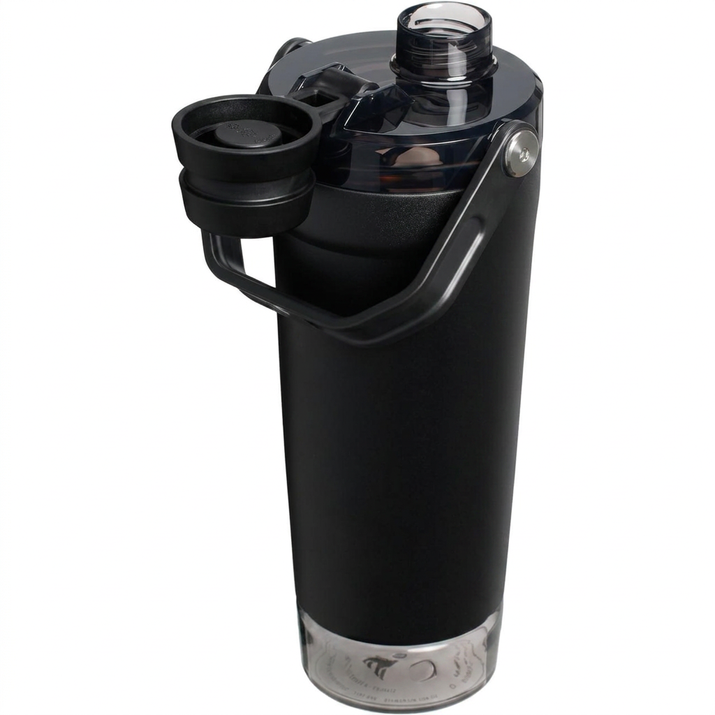 shaker bottle with open lid showing wide mouth design