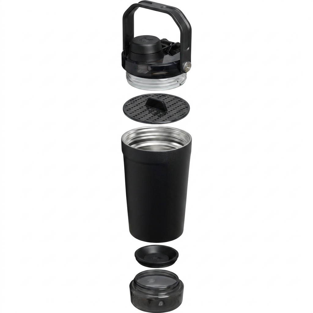 stainless steel shaker bottle side view showing insulated body and handle