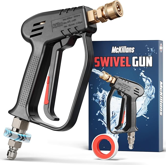 Short pressure washer gun with swivel connector for easy handling