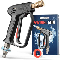 Short pressure washer gun with swivel connector for easy handling