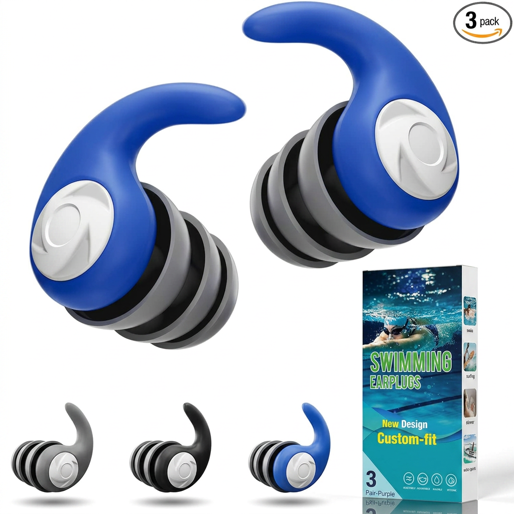 Waterproof Swimming Ear Plugs for Adults 3 Pairs Silicone Set