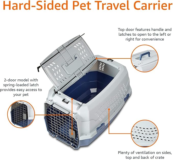 Side opening areas on a gray blue pet carrier