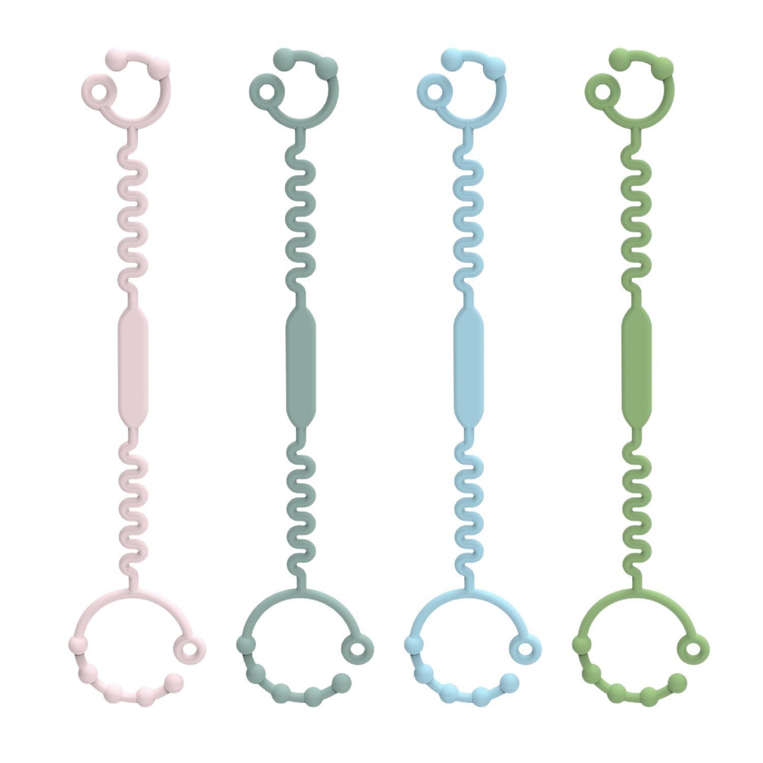 Silicone pacifier holder clip straps for babies with flexible self-adjusting design and soft pastel colors.