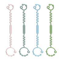 Silicone pacifier holder clip straps for babies with flexible self-adjusting design and soft pastel colors.