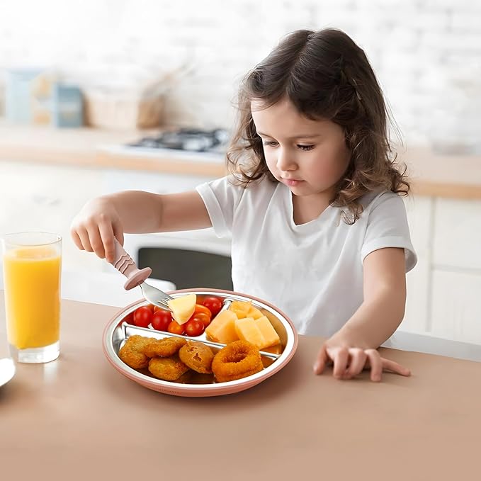 Soft silicone fork and spoon utensils included in baby feeding set