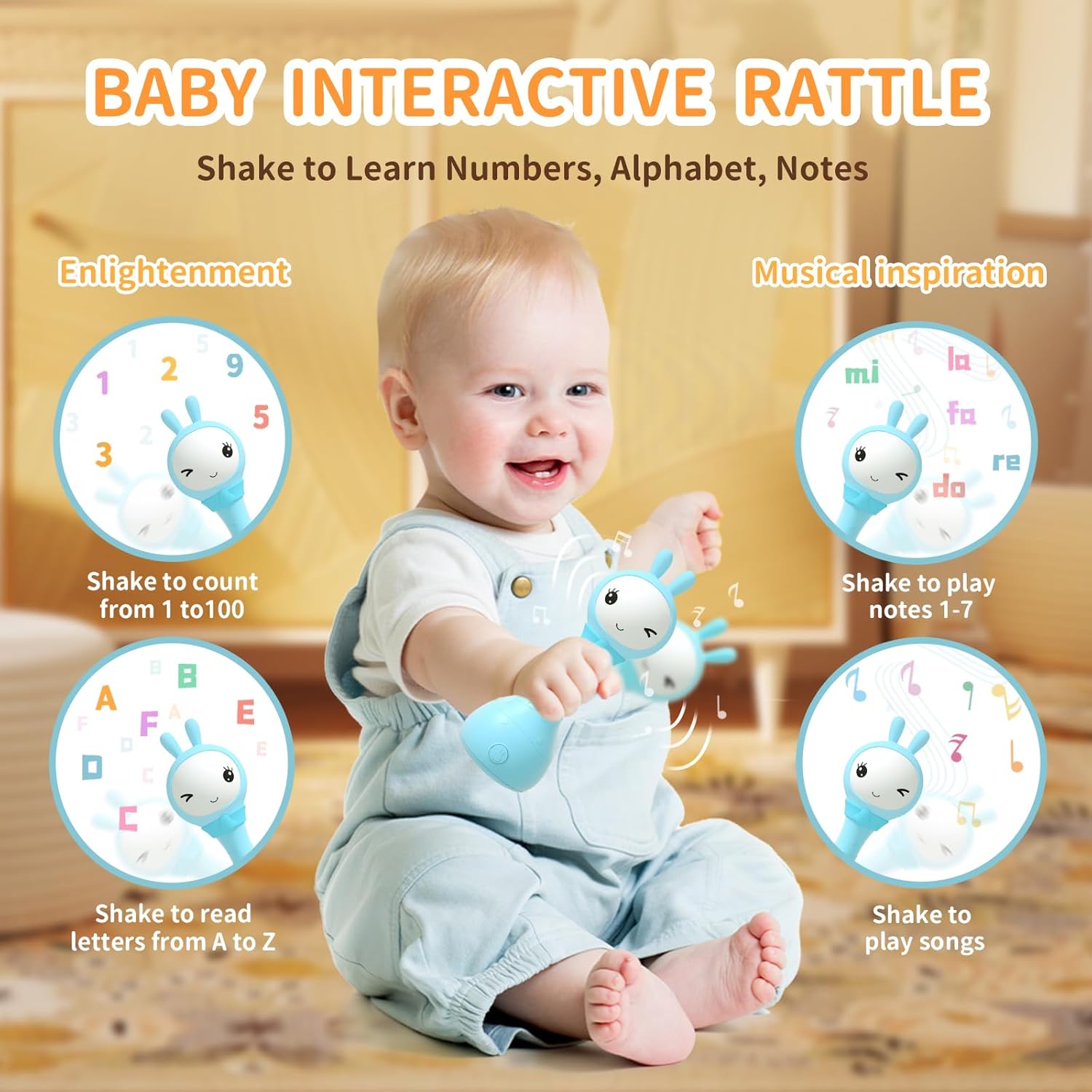 Close view of music and sound controls on a singing baby rattle