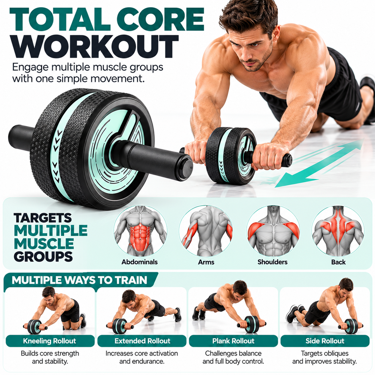 Single-wheel abdominal trainer for controlled rolling movements and muscle engagement.