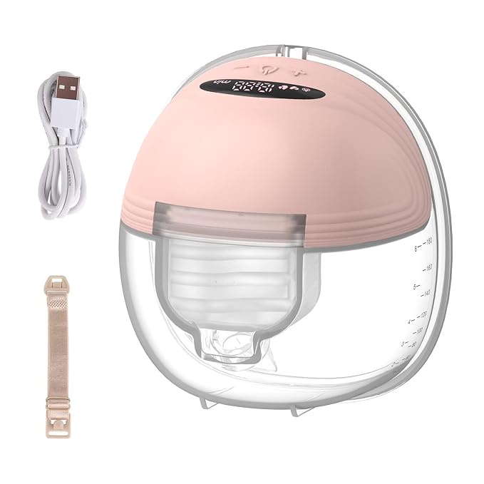 Single wearable electric breast pump with pink motor and transparent milk collection container