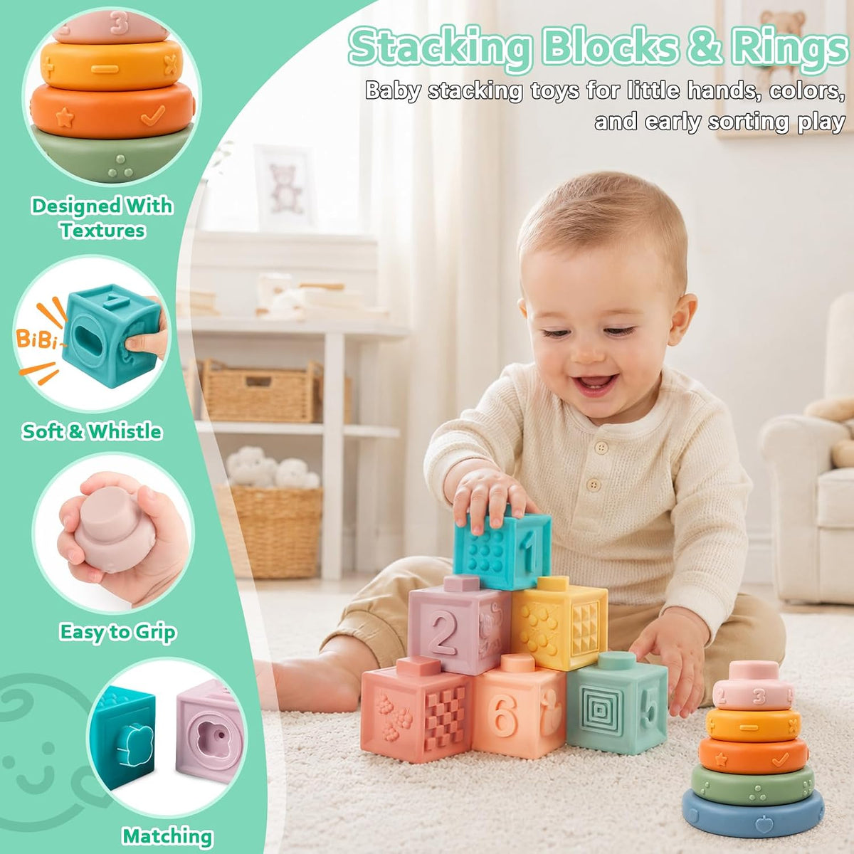 Six-feature sensory educational toy showing its interactive play components.