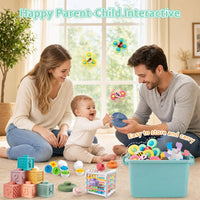 Baby activity toy displaying the six play features included in the set.