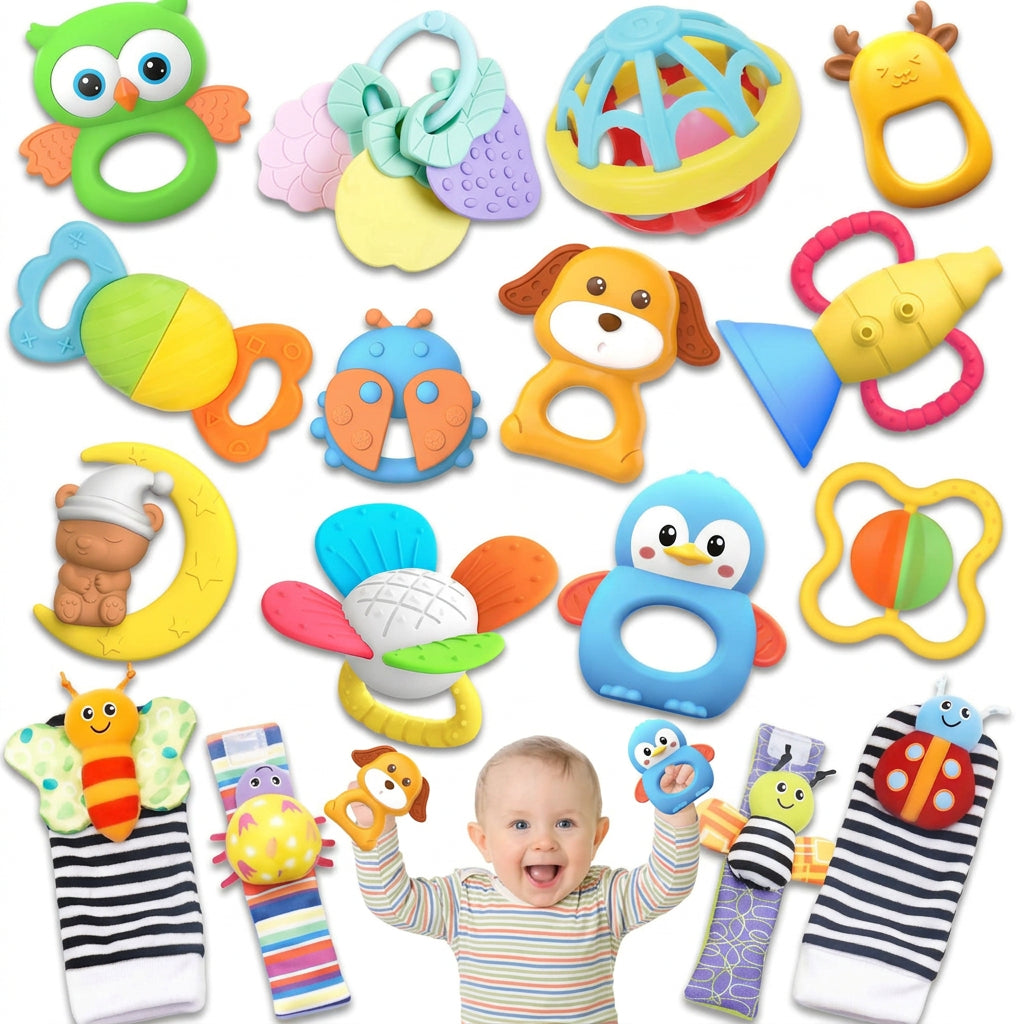 Complete six-piece baby rattle and teething toy set arranged together for a product photograph.