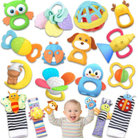 Complete six-piece baby rattle and teething toy set arranged together for a product photograph.