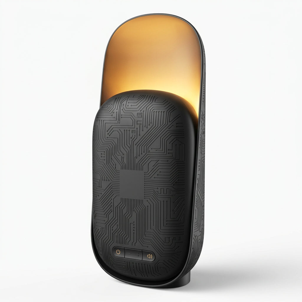 Upright sleep sound machine with grey fabric speaker and warm amber night light