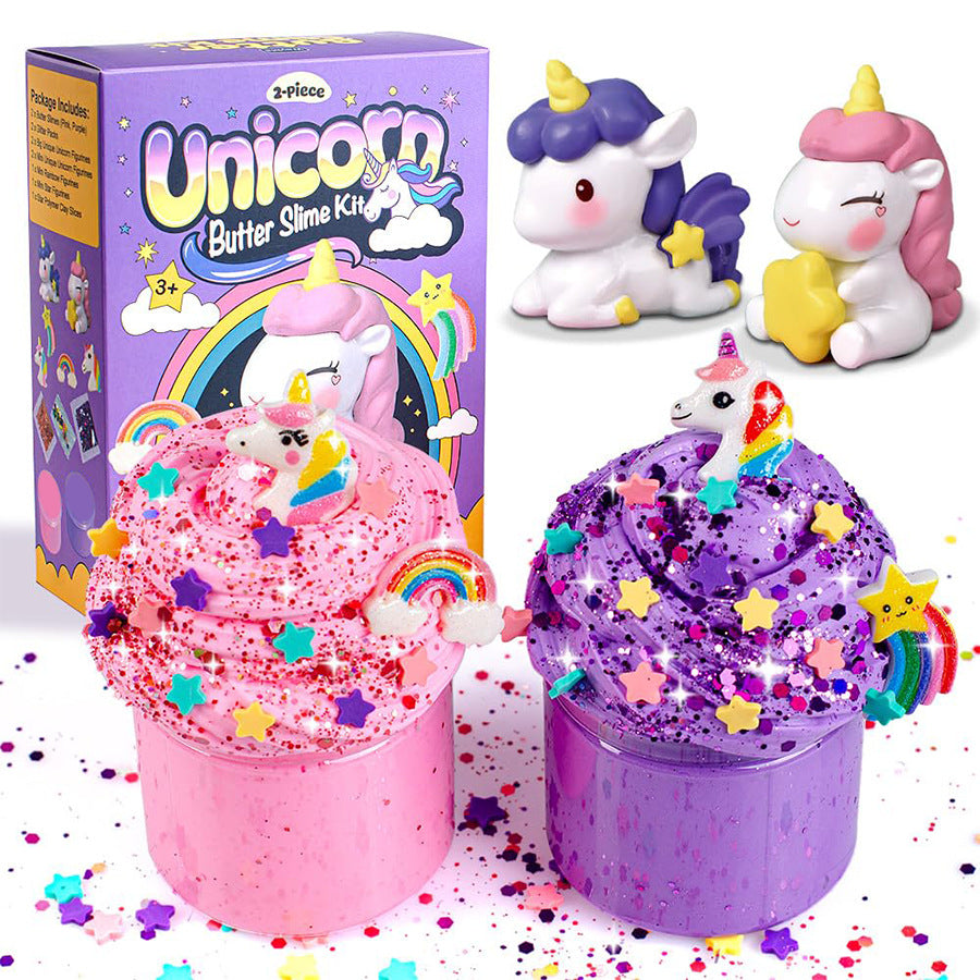 Unicorn-themed slime toys arranged as a colourful DIY craft collection.