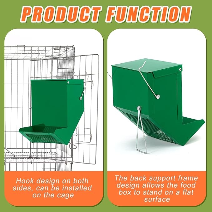 Front view of a green metal feeder for rabbits and chickens