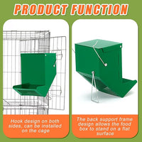 Front view of a green metal feeder for rabbits and chickens