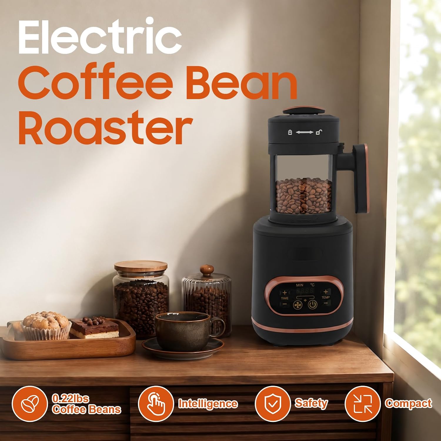 Small batch coffee bean roaster with approximately 100 g capacity