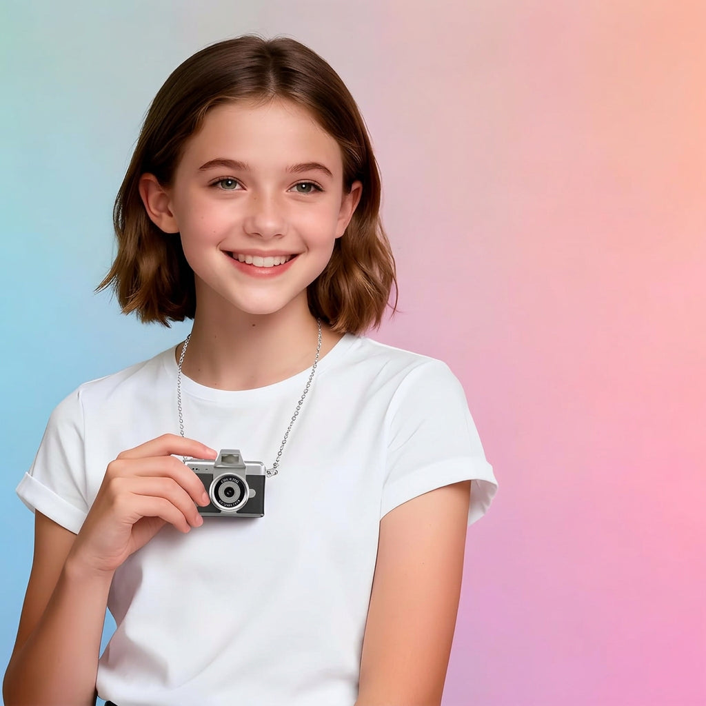 Front-facing small camera showing its circular lens, textured finish and built-in light assembly.