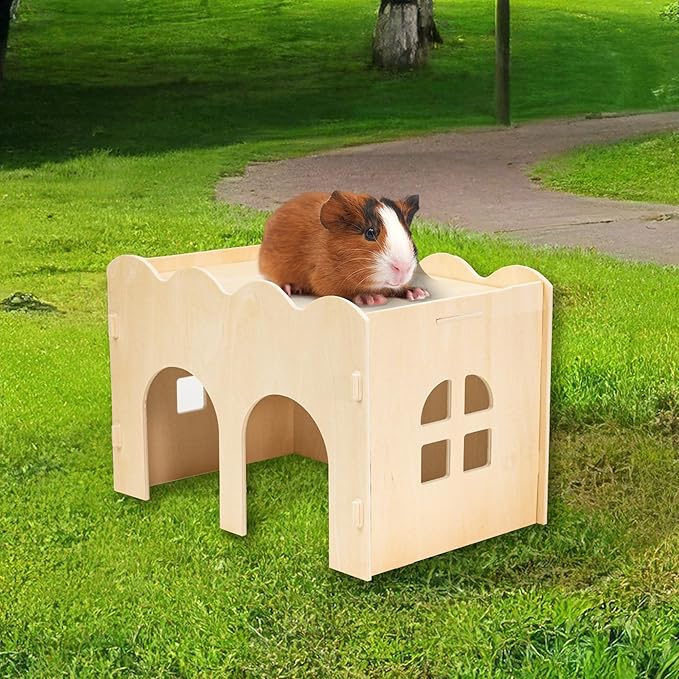 Front view of a wooden hideout house with open entrance