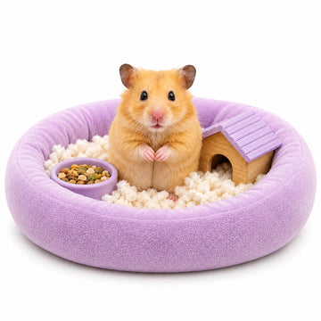 Small pets supplies category image with hamster in lavender bedding setup