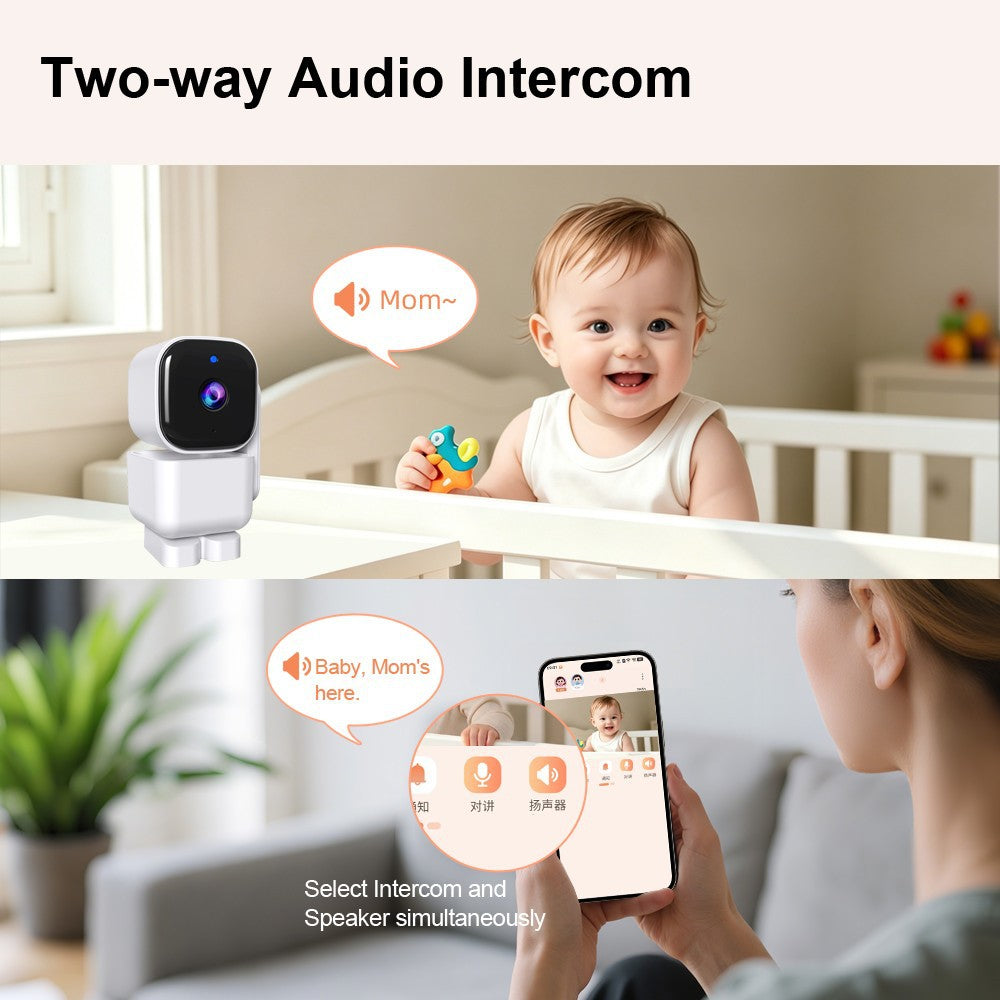 Front view of the white infant camera featuring a black faceplate and central lens.